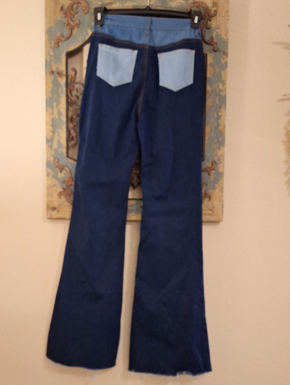 Fashion Nova Two-Tone Blue Patchwork Flare Jeans. Size 3 - Picture 9 of 11